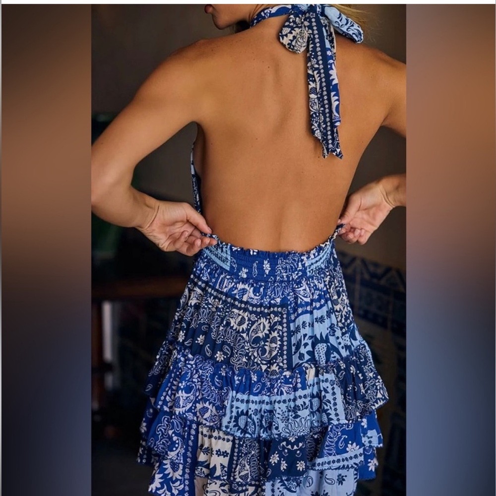Agua Bendita Moana Atma convertible mini dress blue white ruffled floral $330 - Picture 3 of 14